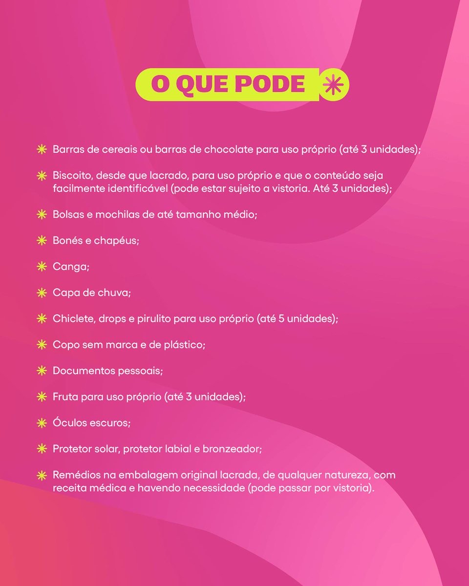 Tá com dúvida do que pode e não pode levar?

Aqui está nossa lista oficial de itens permitidos e não permitidos em nosso festival no Mineirão.🤘🏻🏟️

Te esperamos no SummerTimes Festival ! ❤️🌞