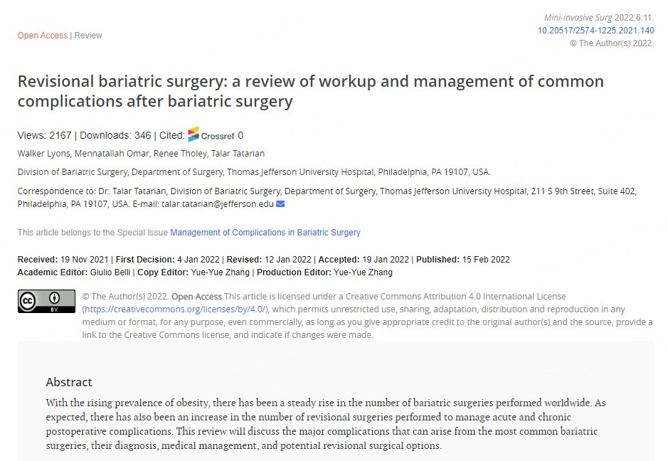 😉Hot article: Revisional bariatric surgery: a review of workup and management of common complications after bariatric surgery 🌸Link: misjournal.net/article/view/4… @OMGhanemMD @Ali_Aminian_MD