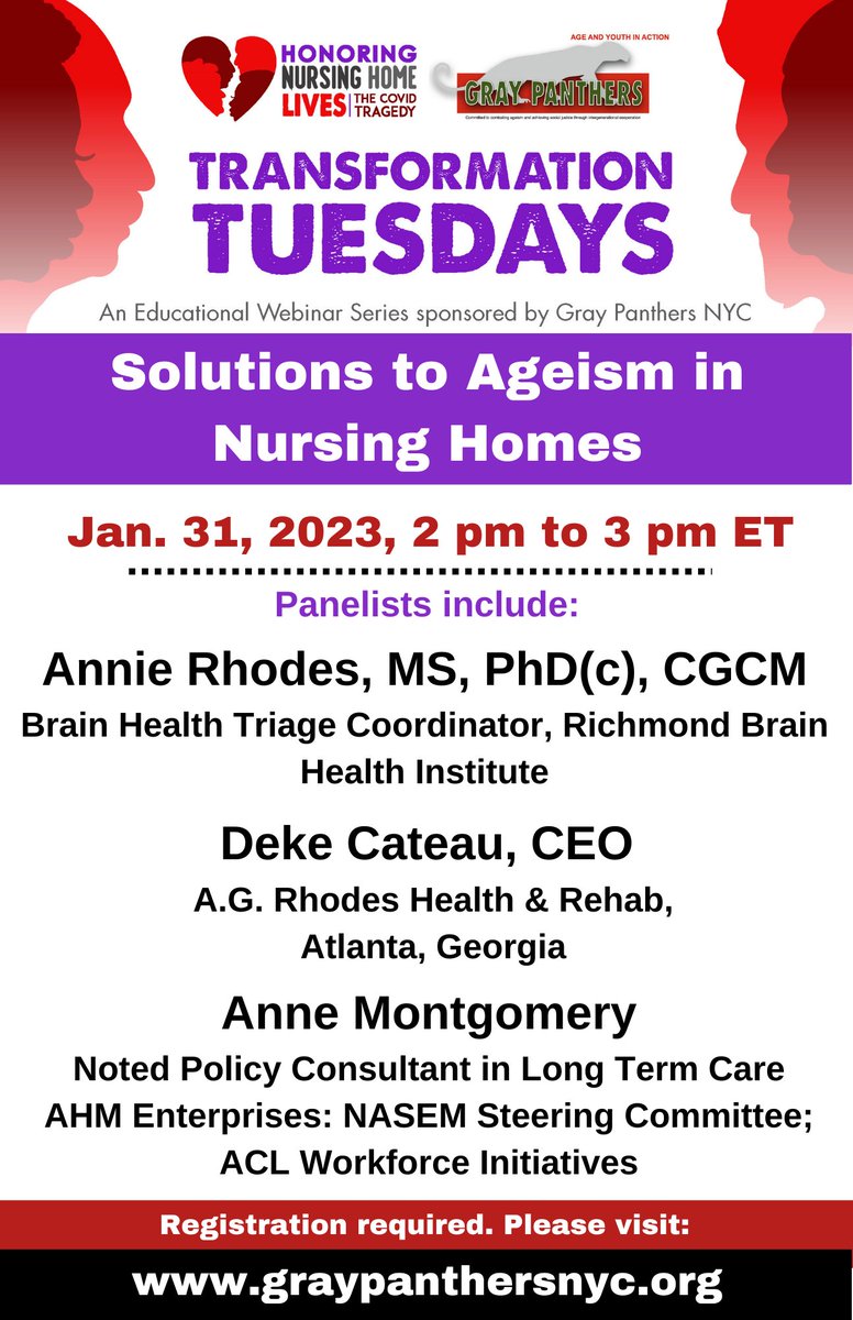We're excited to add Anne Montgomery, noted policy consultant in long term care, to our panel for "Solutions to Ageism in Nursing Homes." Also Annie Rhodes, Richmond Brain Health Inst &amp; Deke Cateau, CEO, A.G. Rhodes Health &amp; Rehab, Atlanta, GA bit.ly/3ZxwB35