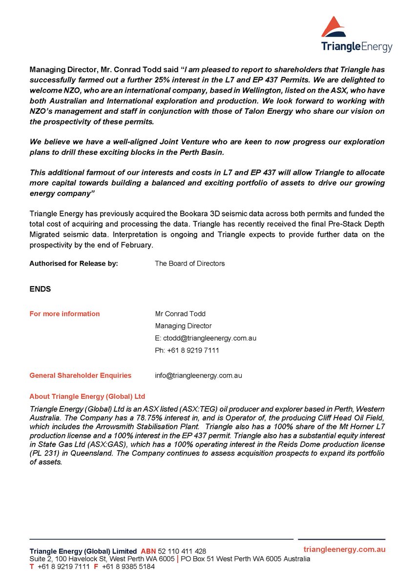 <a href="/Triangle_Energy/">Triangle Energy</a> Completes 3 Well Farmout of L7 &amp; EP 437 $TEG $NZO

Full Announcement triangleenergy.com.au/wp-content/upl…

For more information on Triangle Energy visit: triangleenergy.com.au

#farmout #perthbasin
