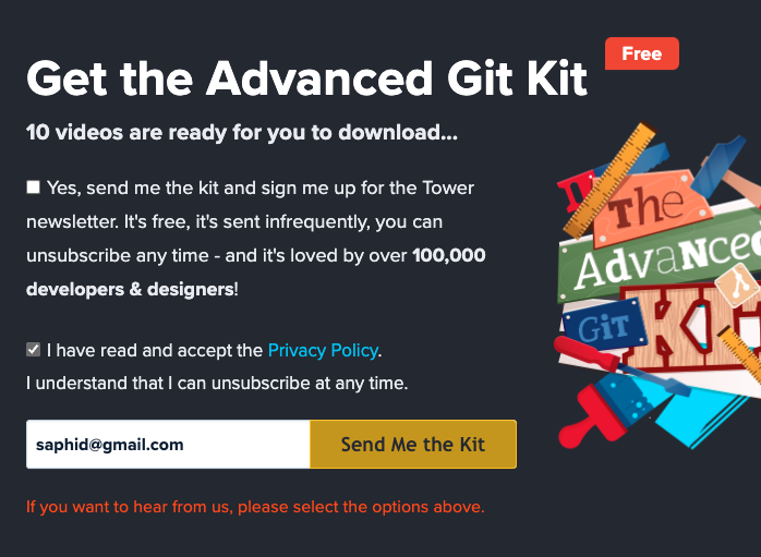 saphid's tweet photo. @gittower Ummm so it seems like I can't get this without getting the newsletter? The send me the kit button doesn't seem to work with out the check box? https://t.co/cRZxnOnMfd