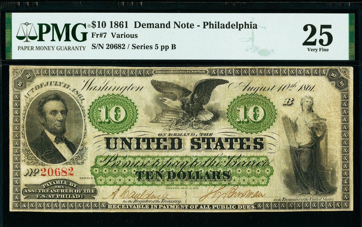 SPMC_1961's tweet photo. Society of Paper Money Collectors Presents the Note of the Day!
$10 1861 Demand Note-Philadelphia
fr.7 Series 5
Photos Courtesy of Heritage Auctions
#Noteoftheday #Societyofpapermoney #papermoney #History #CivilWar #Lincoln #DemandNote #TenDollars #Philadelphia #LargeSize #PMG https://t.co/yUdMruCtfm