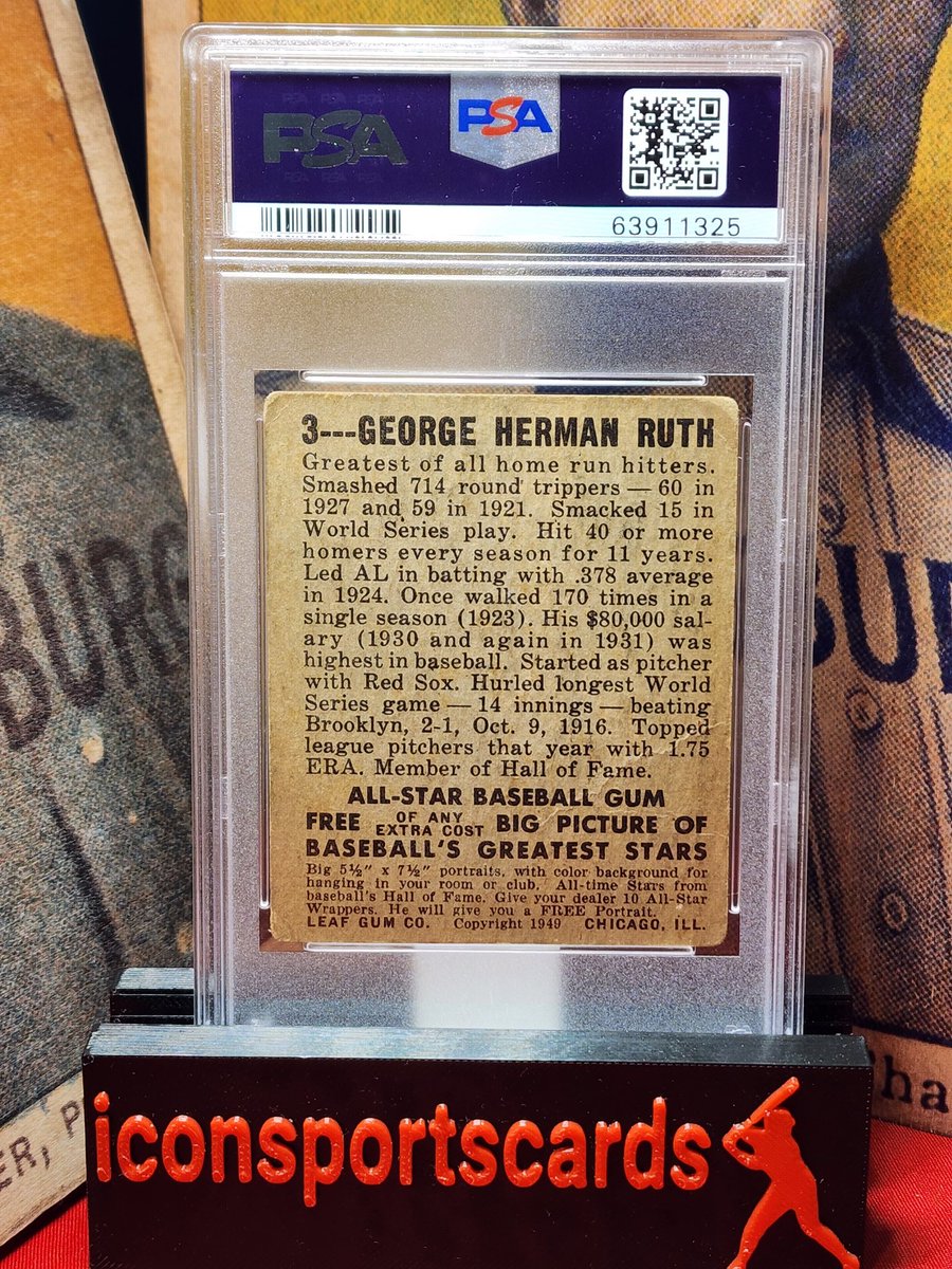 iconsportsUS's tweet photo. 1948 Leaf No 3 Babe Ruth, PSA 1.5 $4200 net paypal friends/family or $4,325 goods and services.
Great looking card for the grade!
Please message with questions or offers
#baberuth #1948leaf #NewYorkYankees #halloffame https://t.co/2mgZIlmidF