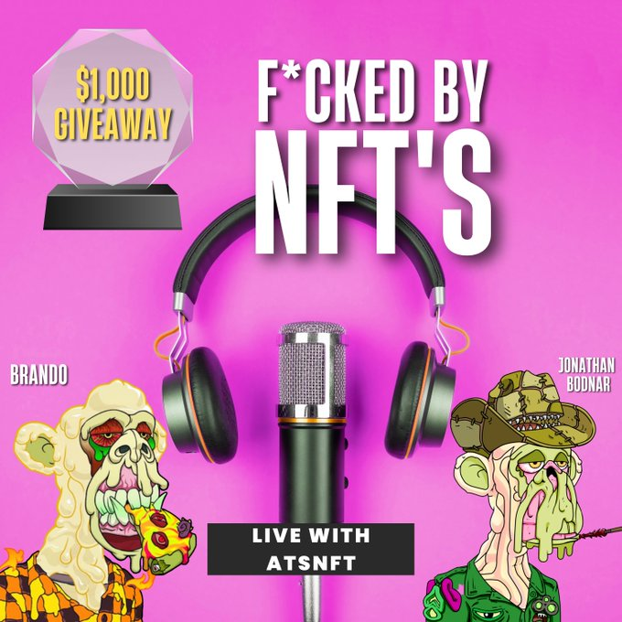 F*CKED BY NFT'S 😡👀

Let's talk #NFT's &amp; #Web3! 

8x Winners LIVE on Spaces!
🎉 2x $500 OF ETH
🎉 6x <a href="/ATSNFT/">Apes Together Strong NFT</a> (0.2 FLOOR)

ENTER BELOW:
🍌 FOLLOW <a href="/JonathanBodnar/">JB</a> &amp; @8R4NDO 
🍌 RT &amp; TAG 3
🍌 BE IN THE SPACES 

Click here 👇
x.com/i/spaces/1kvKp…
