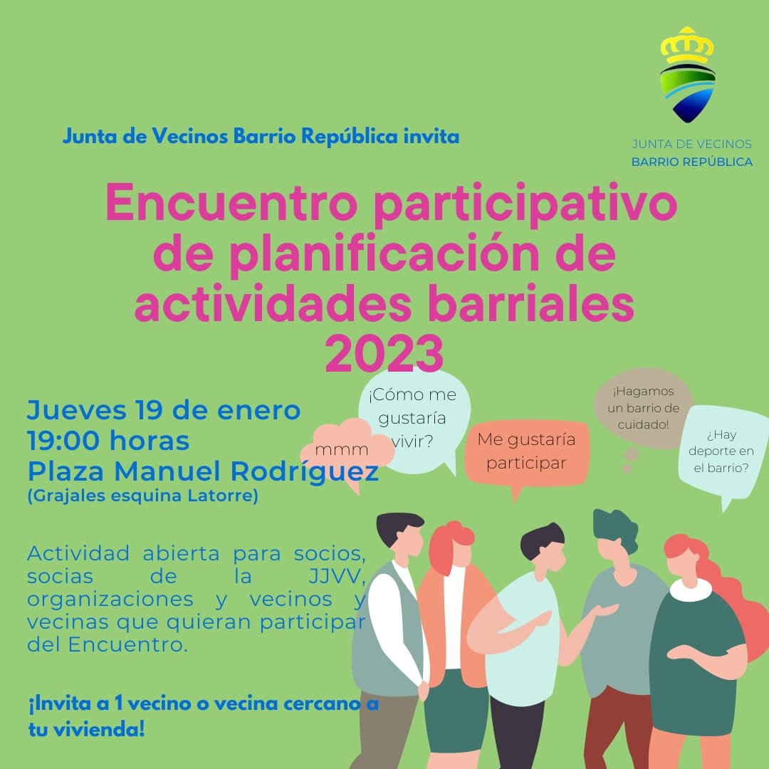 ¿Cómo QUEREMOS el #BarrioRepública?, ¿Qué DESAFÍOS tenemos para lograrlo?, ¿Qué ACCIONES proponemos para desarrollar en conjunto? Son preguntas que compartiremos en este espacio de reflexión en #stgo.
Nos vemos el jueves 19/01 a las 19:00 horas en la Plaza Manuel Rodríguez.