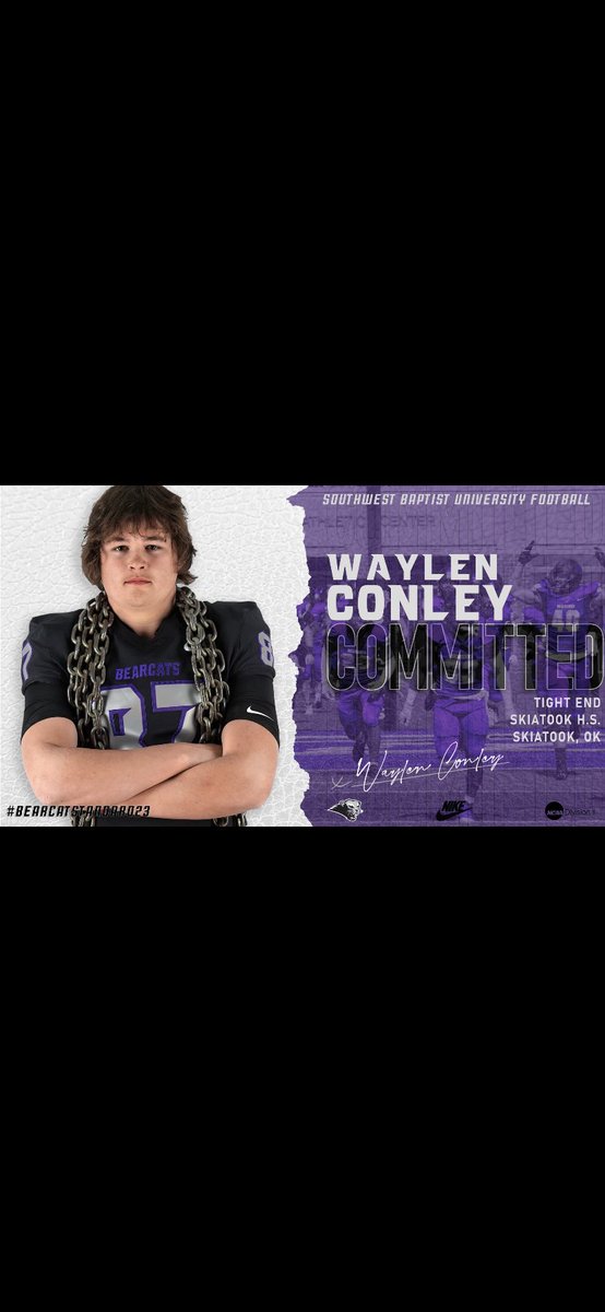 waylen_conley_'s tweet photo. After a lot of thought, I am very excited to announce that I will be continuing my academic and athletic career at Southwest Baptist University!🟣⚫️  @DeClueThomas @CoachNiccum66 @Coach_Clardy @SBU_Football https://t.co/wScH9LPCiN