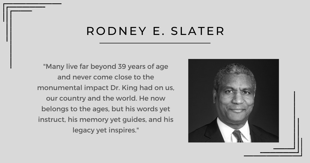 ALIHarvard's tweet photo. 2010 ALI Fellow Rodney E. Slater, Senior Partner at Squire Patton Boggs and former U.S. Secretary of Transportation shares his thoughts on Dr. King’s legacy and impact to the world. #ALISocialImpactReview #MLK #MartinLutherKing https://t.co/KzObZP3FhI
