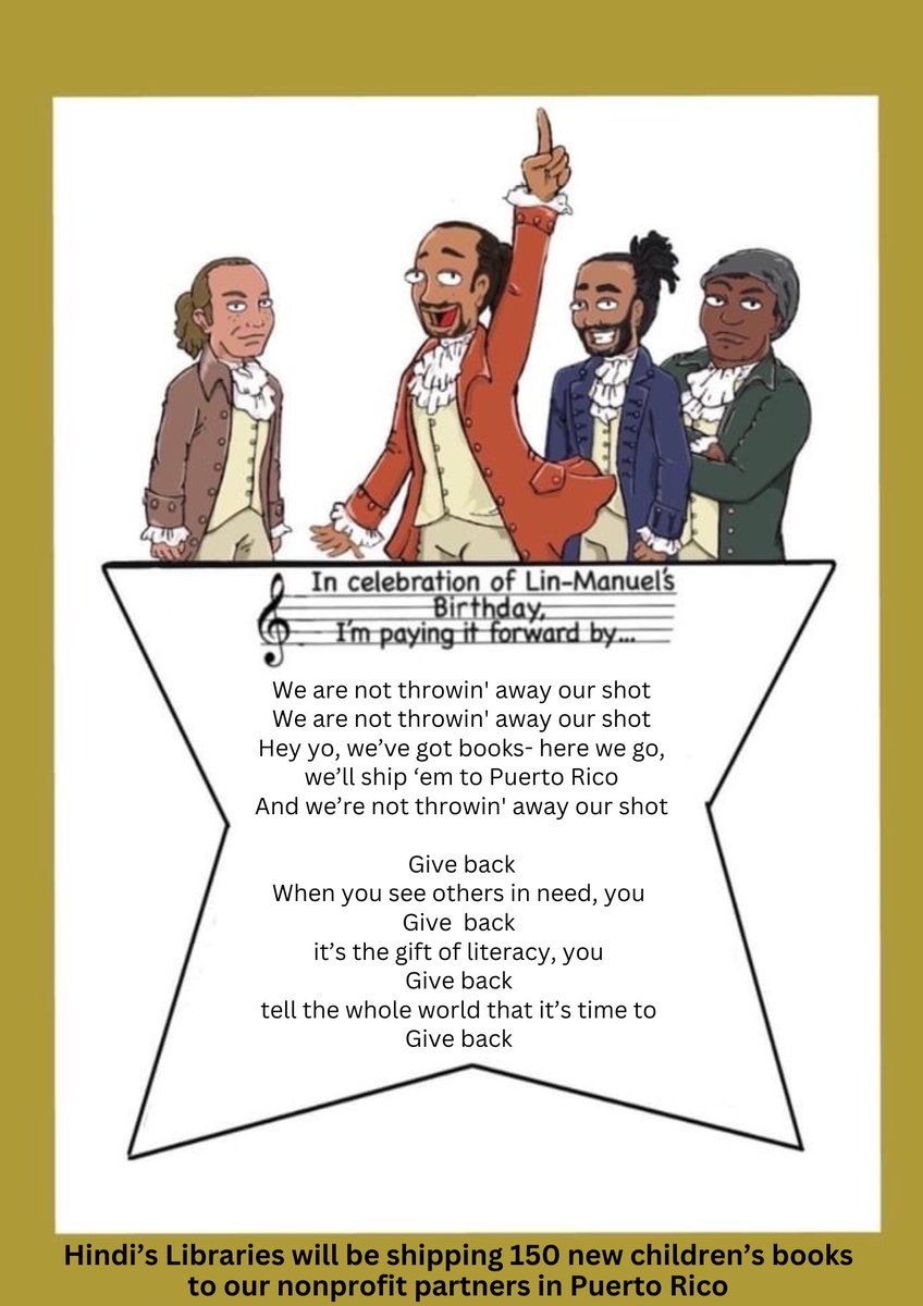 Happy birthday to one of the most genuine and charitable people of our generation who has made a tremendous impact on so many people in this world. 

This year, in honor of <a href="/Lin_Manuel/">Lin-Manuel Miranda</a>’s birthday, we’ll be shipping 150 books to nonprofit groups in Puerto Rico.

#LinManuelMiranda