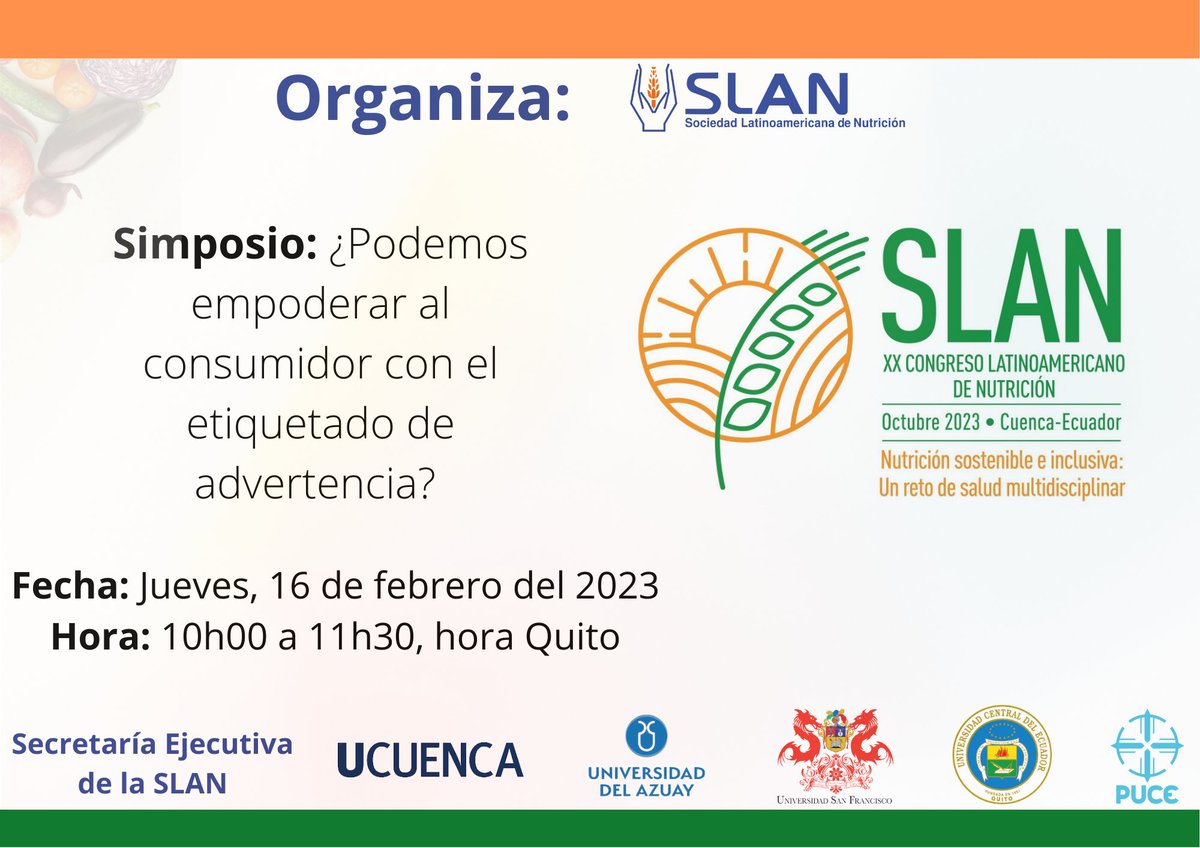 Listos para el primer evento de SLAN 2023!
Simposio: ¿Podemos empoderar al consumidor con el etiquetado de advertencia? Nuestros expositores: Wilma B. Freire, Ecuador; Camila Corvalán, Chile; Alejandro Calvillo, México; Ana Paula Bortoletto, Brasil; Angélica Ochoa, Ecuador
Hilo⬇️
