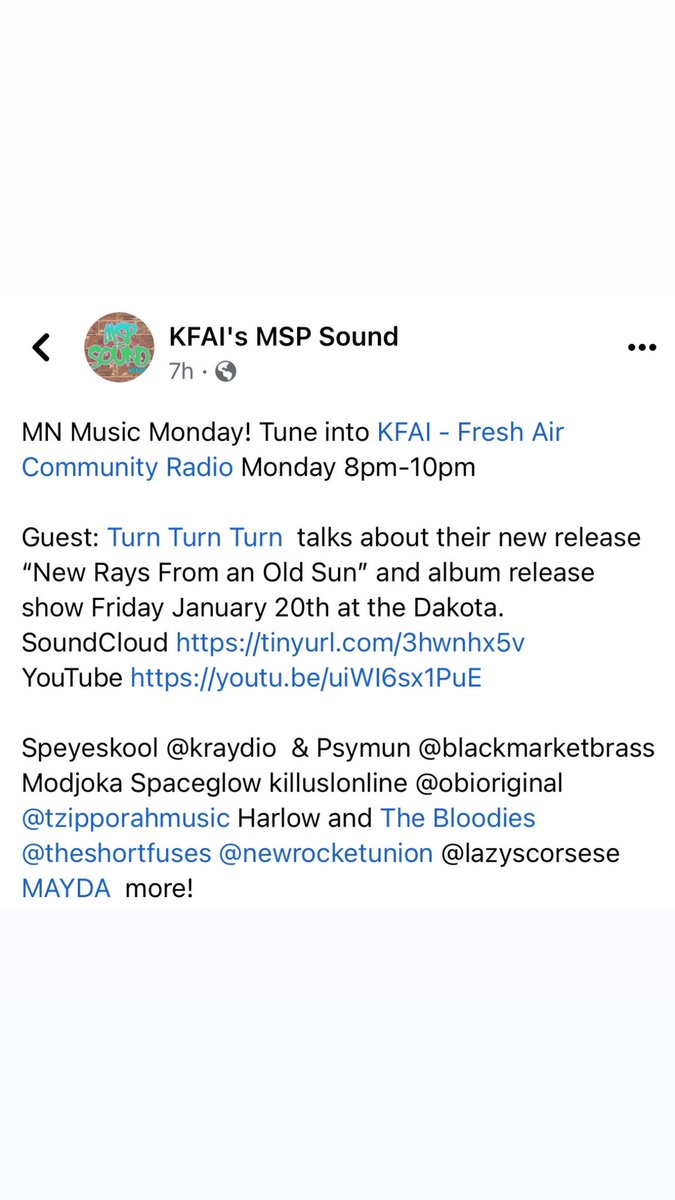MN Music Monday! Tune into KFAI - Fresh Air Community Radio Monday 8pm-10pm #mnmusic

Turn Turn Turn  talks about their new release “New Rays From an Old Sun” and album release show Friday January 20th at the Dakota.