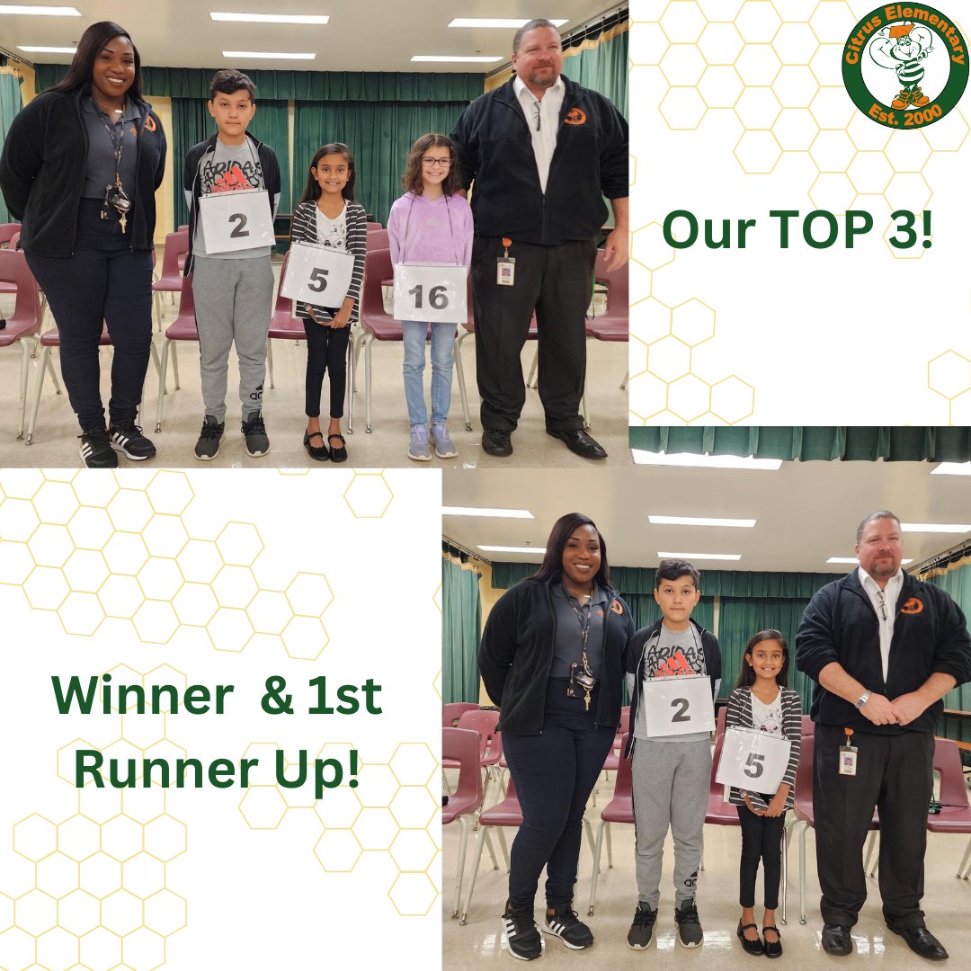 CitrusElem_OCPS's tweet photo. Finalists: 3rd grader, Isabella R., 4th grader, Danielle W., and 5th grader Giovanni O.
Winner: Giovanni
1st Runner up: Isabella
Congrats to our Honeybees & Ms. Jackson for their hard work! #Hivepride #Beehigher @OCPSnews @OCPS_PFE @West_OCPS @maria_f_vazquez @DrRahim_Jones https://t.co/0Wmq1z9bHX