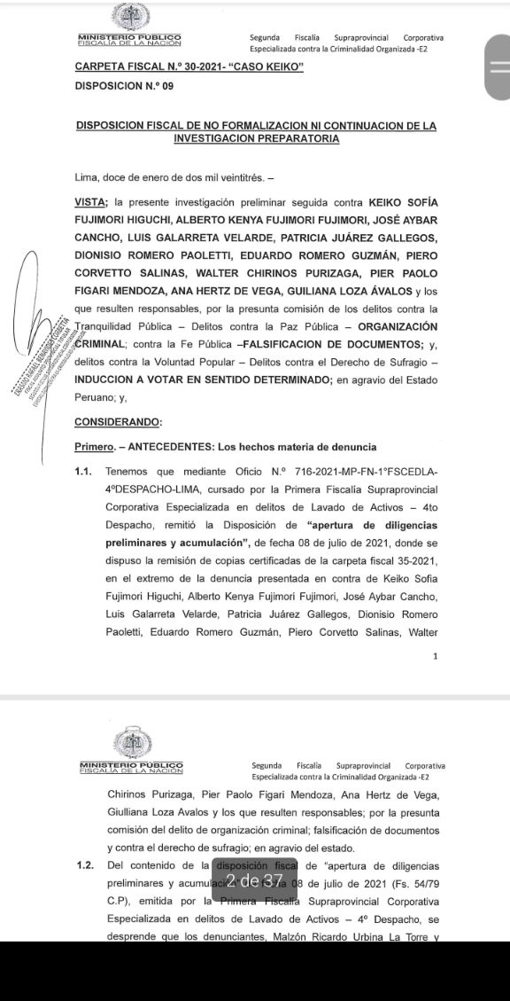 EIPeruano's tweet photo. 📢#URGENTE Fiscalía contra el crimen organizado archivó investigación contra #KeikoFujimori por delitos de organización criminal, falsificación de documentos y otros. https://t.co/SPQXtRzMRp