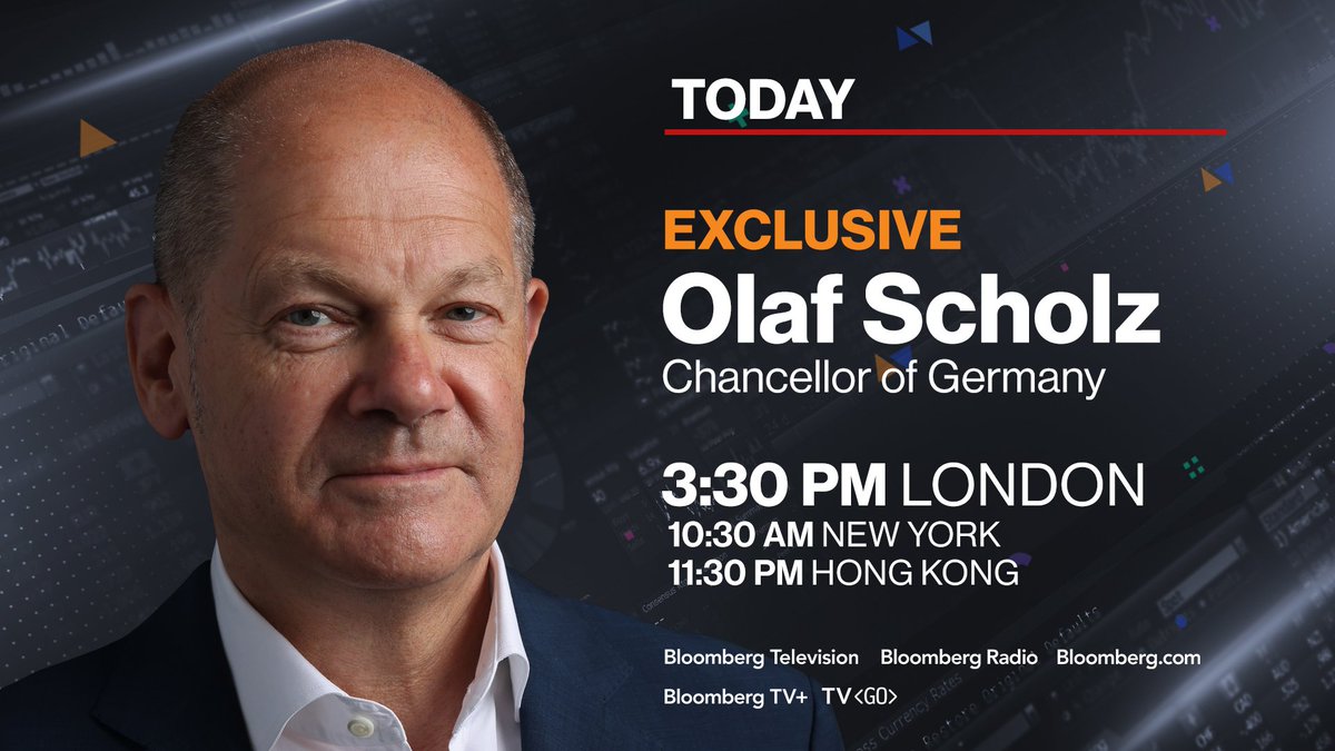 TODAY: German Chancellor Olaf Scholz speaks with Bloomberg News Editor-in-Chief John Micklethwait about 👇
- Russia's war in Ukraine
- Ties with the US and China 
- The challenges facing Europe and his government
trib.al/jTNS5yF