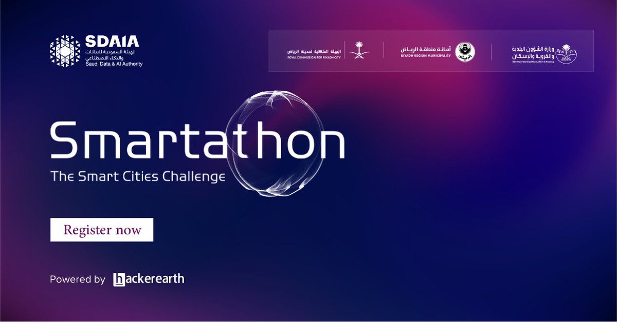 HackerEarth's tweet photo. Join us for #smartathon - the smart cities challenge. Showcase your ideas on building a smarter city using Data and AI and you could win prizes up to 1 Million Saudi Riyals/USD 266k
Register Now - https://t.co/z7K79UEZX9
@SDAIA_SA @globalaisummit
#sdaia #GlobalAISummit https://t.co/nMyTvc7NZ9