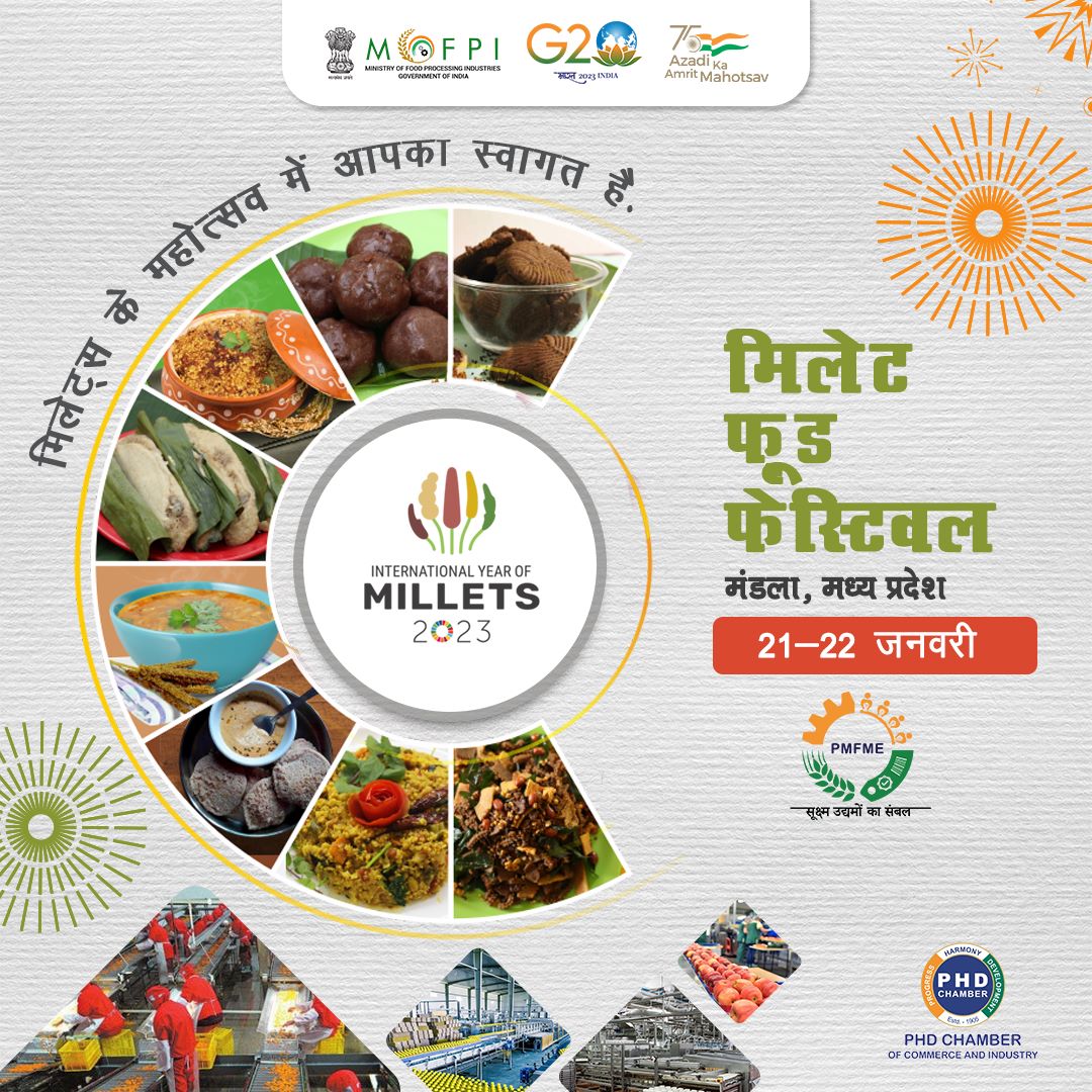PMFMEScheme's tweet photo. खाद्य प्रसंस्करण उद्योग मंत्रालय, भारत सरकार (@MOFPI_GOI) द्वारा 21-22 जनवरी 2023 को मंडला, मध्य प्रदेश में मिलेट फूड फेस्टिवल का आयोजन।

@PMOIndia @rashtrapatibhvn @PashupatiParas @pspoffice @AgriGoI @phdchamber @AmritMahotsav @investindia @PIB_India @g20org 
    
#IYM2023 https://t.co/zOhcXqzSLA