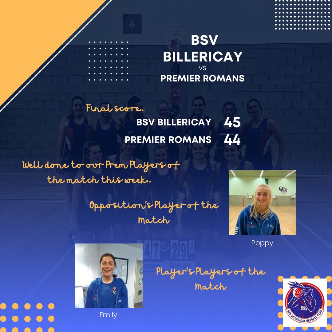 Playing catch up! Well done to Prem last week for their very close win over @PremierRomans last week and well done to the POMS 👏🏻 Emily 👏🏻 Poppy 👏🏻 #TeamBill ❤️💙
