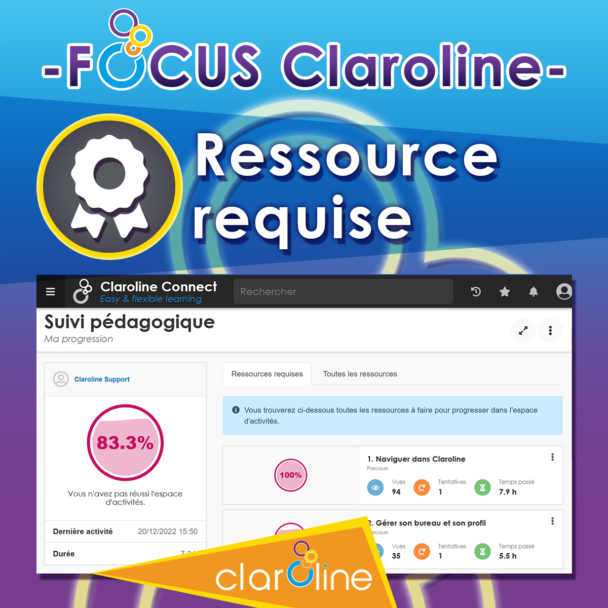LMSClaroline's tweet photo. 1er focus Claroline : Ressource requise! Via l'interface suivi pédagogique destinée à l’apprenant qui suit sa progression &amp; identifie les contenus indispensables à la réussite de sa formation. Une expérience agréable &amp; efficace pour l’apprenant! V13.7 https://t.co/AmIR8vvHkO https://t.co/62EhbHzS5J