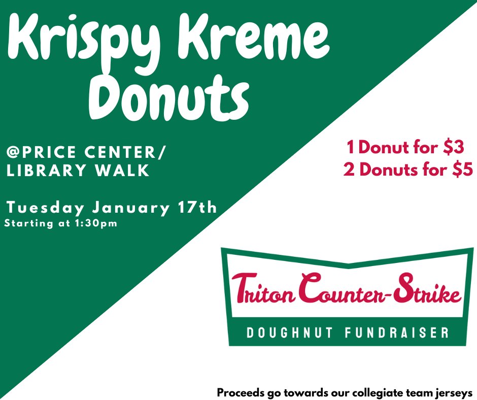 After 4 years of slumber, Triton Counter-Strike is back!

Join us on Library Walk tomorrow from 1:30-3:00 p.m. to learn more about our organization and maybe even buy a donut or two to support our teams!