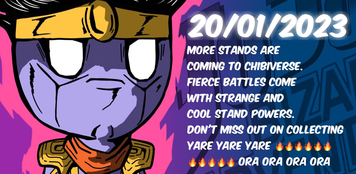 More Stands are coming to CHIBIVERSE. Fierce battles come with strange and cool Stand powers.  Don't miss out on collecting Yare Yare Yare 🔥🔥🔥🔥🔥🔥🔥🔥🔥🔥🔥 Ora Ora Ora Ora 🔥🔥🔥🔥🔥🔥 #NFTCommuntiy #NFTdrop #NFT #NFTs #NFTshill  <a href="/bubblehouse/">Bubblehouse</a>  #NFTcollections #Crypto