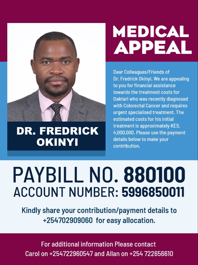 kmpdu's tweet photo. Dear colleagues and friends let's come together and help daktari raise the required finances for his specialised  treatment. 

Together we can achieve this! https://t.co/ujqq194ksK