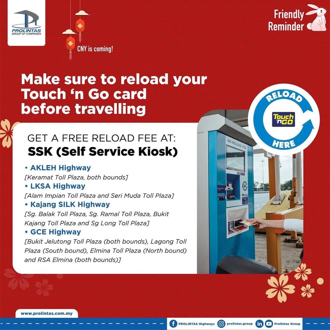 GCEtrafik's tweet photo. #FriendlyReminder 🐇 • #PROLINTAS has placed self-service kiosks (SSK) at toll plazas and rest and service area (RSA) to ease highway users to reload their Touch ‘n Go (TNG) cards.
#PROLINTAS #PROLINTASHighways #AKLEH #GCE #LKSA #SUKE #DASH #SILK https://t.co/imZMSXrgO1