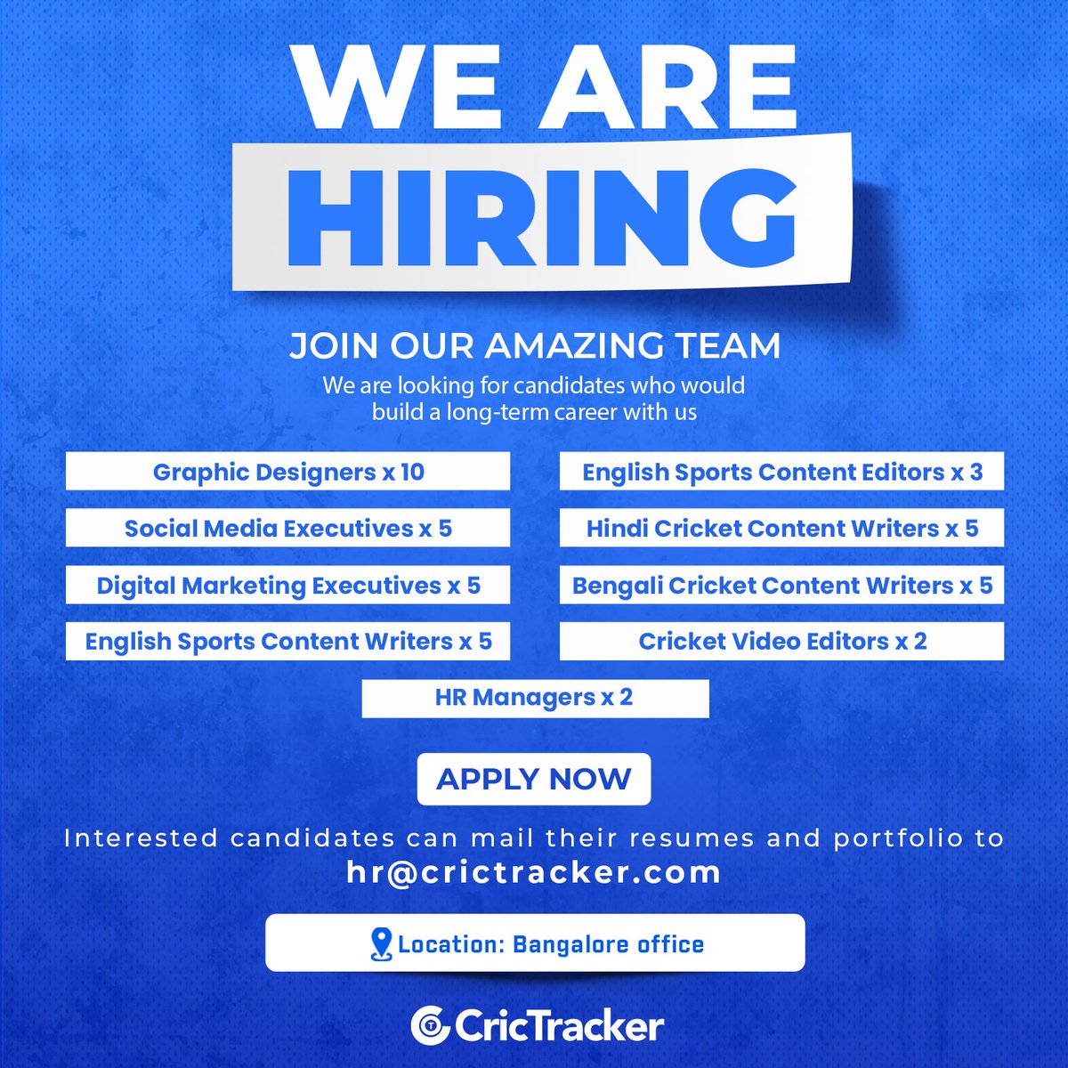 📢CricTracker is hiring 📢

Any interested candidates can mail 📩 their resumes and samples to 𝐡𝐫@𝐜𝐫𝐢𝐜𝐭𝐫𝐚𝐜𝐤𝐞𝐫.𝐜𝐨𝐦✍️

Location📍: Bangalore

#CricTracker #Bangalore #Cricket #CricketJobs
