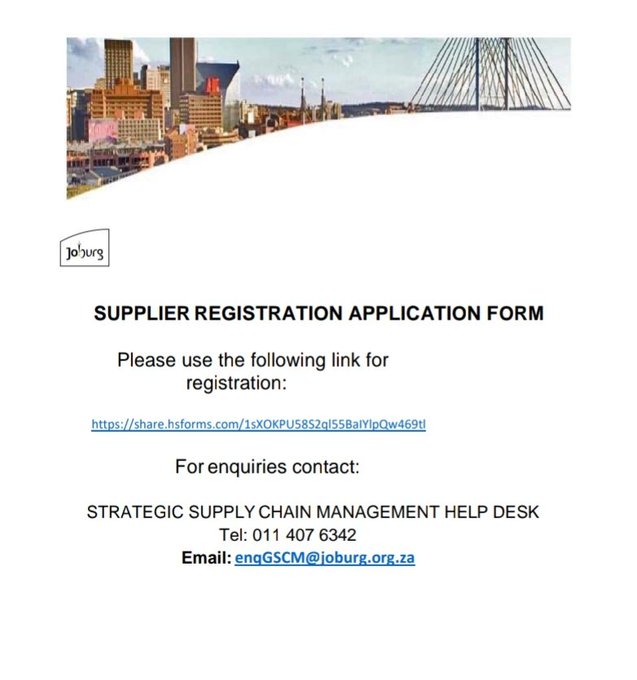 Register your business as a city supplier. Apply online to be accredited and registered on our Supplier Database

Use the following link for registration 👇🏾 
share.hsforms.com/1sXOKPU58S2ql5…

#JoburgForms #DigitalJozi #JoburgEnterprises #KnowYourJoburg ^GZ
