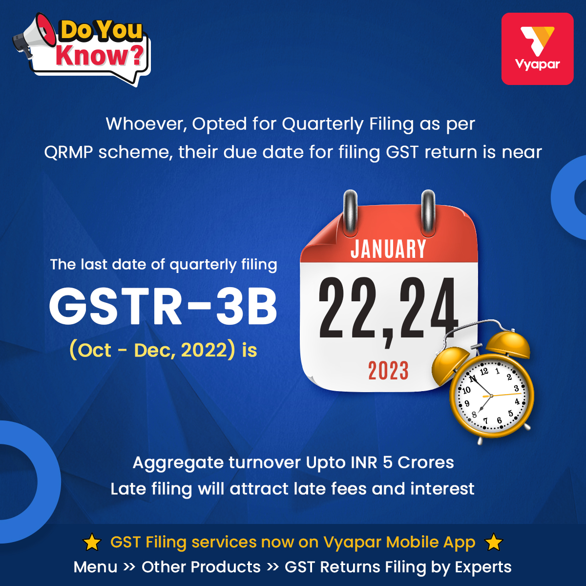 VyaparApp's tweet image. Tik-Tok-Tik-Tok⏰ Are you ready to file your GSTR-3B??
Only 6 days left!!
#gstr-3b #filenow #tuesdaymotivation #gstalert #gstfiling #awarness #gstupdate #share #like #subscribe #trendingnow #viral #governmentalert #gstnews #Budget2023 #Budget #StartupIndia #Growth