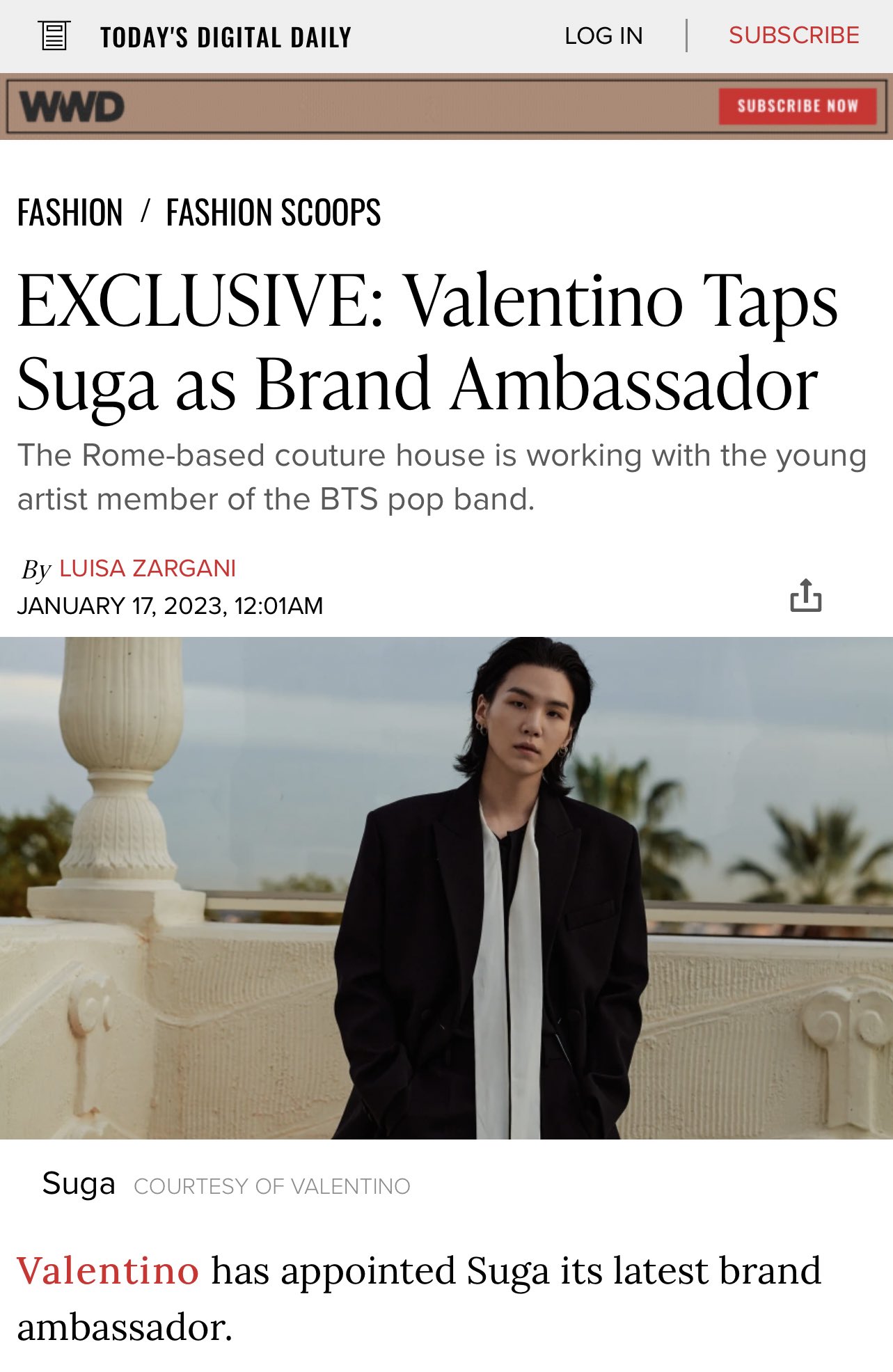 Pop Base on X: Brand ambassador Suga of BTS stuns for Valentino