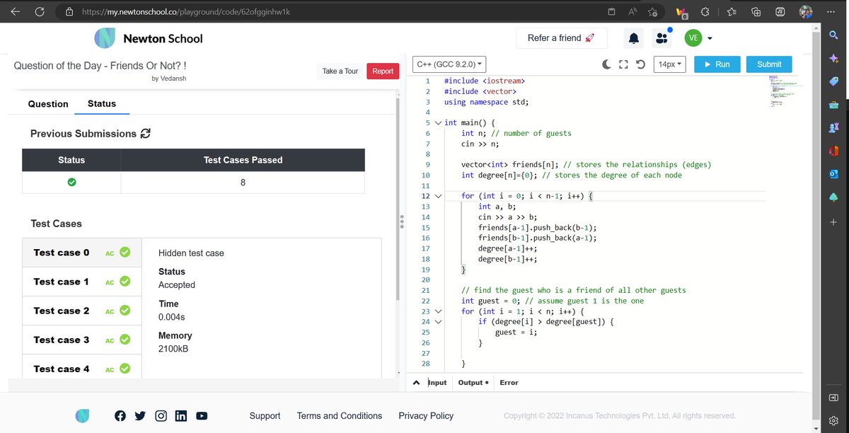 Vedansh96487673's tweet image. Today I have solved Friends Or Not? ! using #cplusplus  #language_used
#Day2 of #30daysofcode 
@everydaycoders

#community #coding #programming #competitiveprogramming #codingchallenge #dsa #bubbleupcommunity