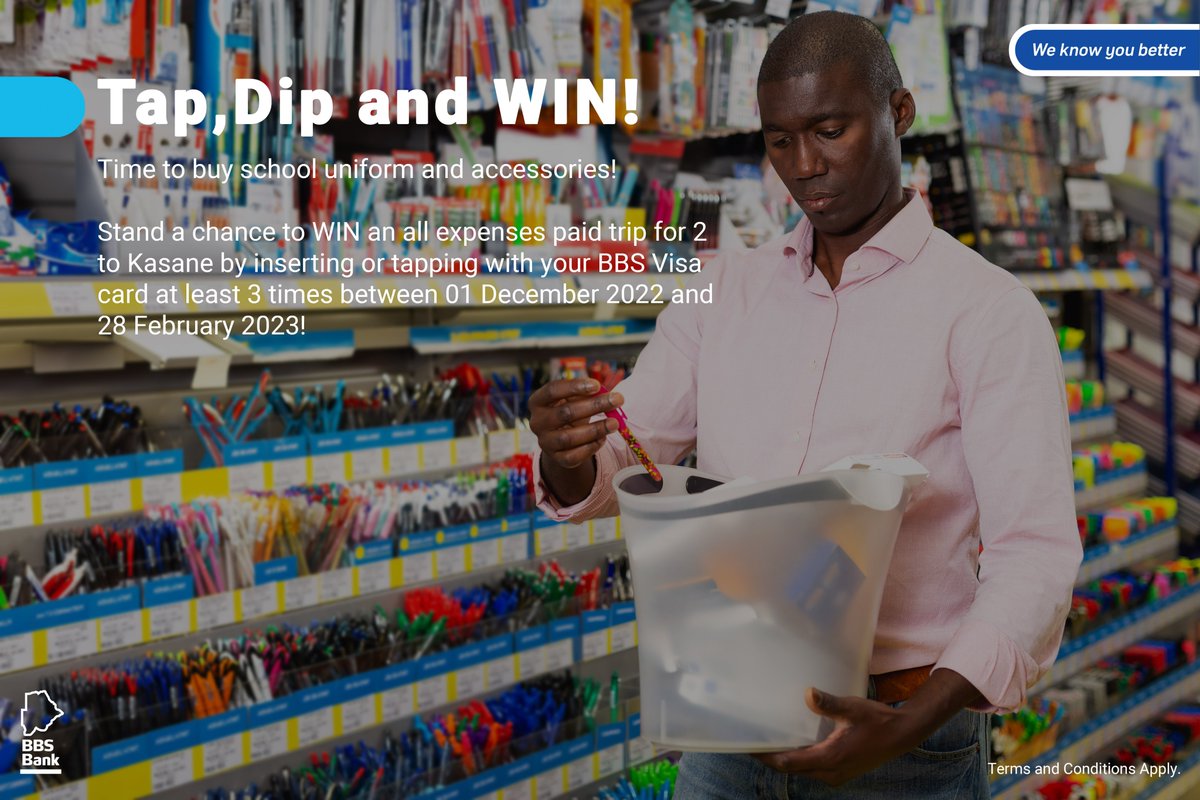 BBS_BW's tweet image. You could win an all expenses paid trip for 2 to Kasane!
All you have to do is visit any shop, use your BBS Visa card at least 3 times between 01 December 2022 and February 28 2023!
#BBSVisa #VISA #tapdipandwin