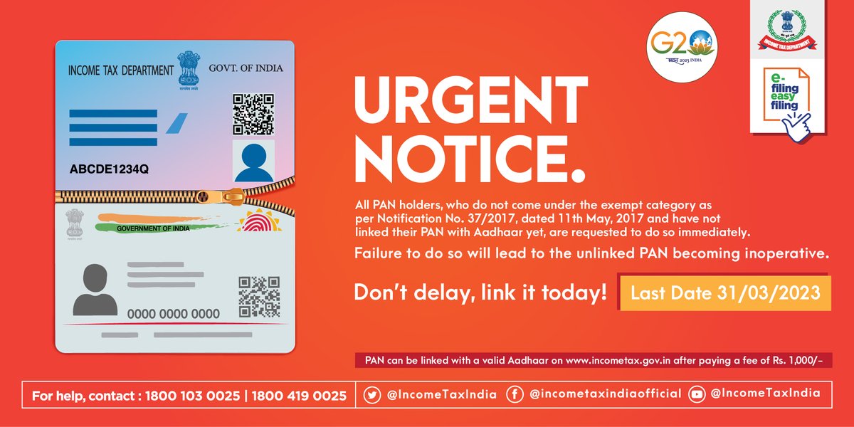 IncomeTaxIndia's tweet image. As per Income-tax Act, 1961, it is mandatory for all PAN holders, who do not fall under the exempt category, to link their PAN with Aadhaar before 31.3.2023.
From 1.04.2023, the unlinked PAN shall become inoperative.
Urgent Notice. Don’t delay, link it today!