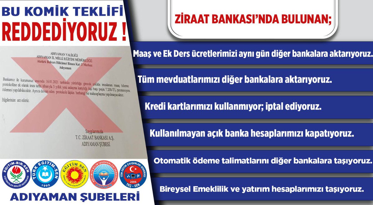alideniz02's tweet photo. 1️⃣ Maaş promosyonunun güncellenmesi talebimize; #Adıyaman @ziraatbankasi’nın ekonomik gerçeklerle örtüşmeyen, komik ve itibarsız teklifini kabul edilemez buluyor, eylem kararlılığımızı yineliyor ve eylemlerimizi sürdürüyoruz.

@tcbestepe
@AvSerefMalkoc

#ZiraatPromosyonuGüncelle https://t.co/j2mHOgc6KC