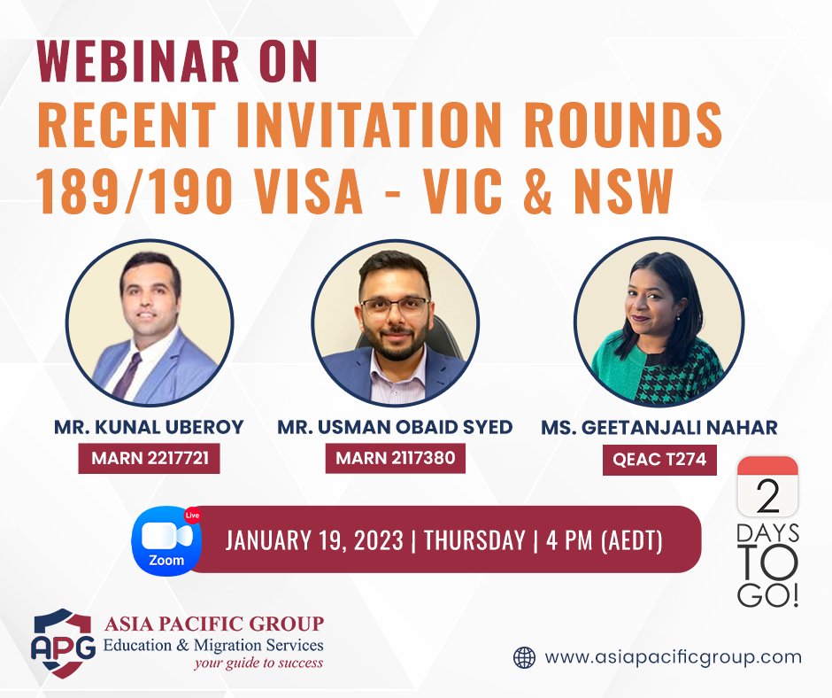 AsiaPacificAUS's tweet image. ⌛ Only 2 Days to Go!! ⌛

✍ Have You Registered for the Webinar on Recent Invitation Rounds of 189 &amp;amp; 190 Visas in Victoria and New South Wales? 

🗣 If Not, Register Now &amp;gt;&amp;gt; bit.ly/3Gum2Fo &amp;lt;&amp;lt; 

#webinar #Webinar2023 #PRpathway #immigration #immigrationconsultant #APG