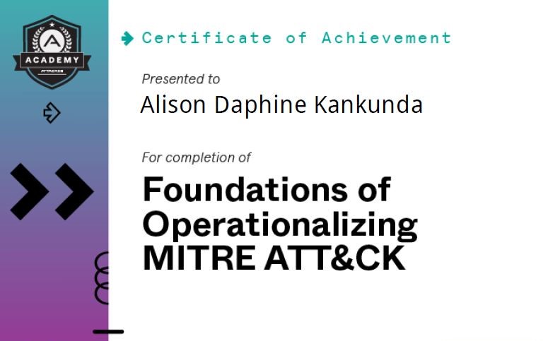 AlisonkayAlison's tweet photo. Obtained a Foundations of Operationalizing MITRE ATT Certificate from @attackiq at the @VTFoundation Threat hunting Bootcamp Day 1.
My takeaway from it is understanding the Att&amp;ck Threat groups, Att&amp;ck Navigator, and TTP (Tactic, Technique Procedure).

#vtf #threathunting https://t.co/9xesE3k6jA