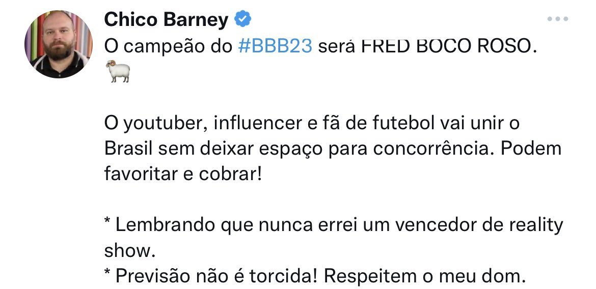 fofocanosite's tweet photo. Segundo Chico Barney, Fred Desimpedidos será o campeão do #BBB23. 🗣️ https://t.co/TfF26kIMd5
