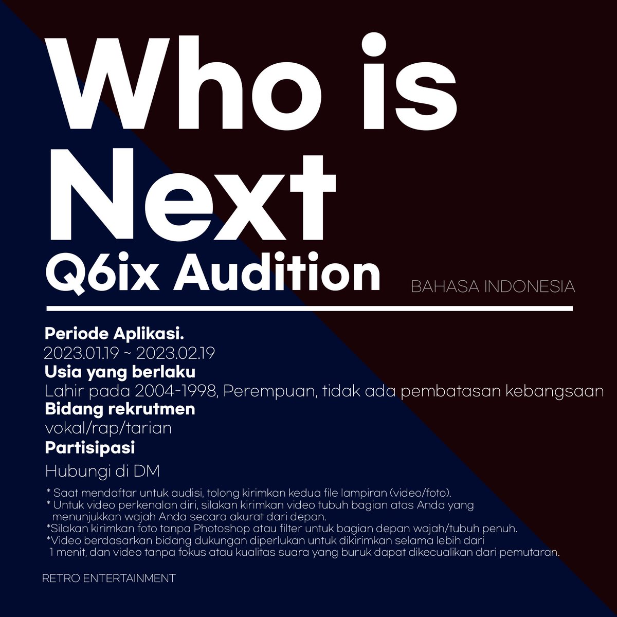 Q6ixOfficial's tweet photo. Who Is Next Q6ix Audition
#Q6ix #Audition #Retroentertainment
νκ΅μ΄/English/Vietnamese/Indonesia
#νλΉ
μ€ #μ€λμ
#λ νΈλ‘μν°ν
μΈλ¨ΌνΈ https://t.co/kDiDhN6arT