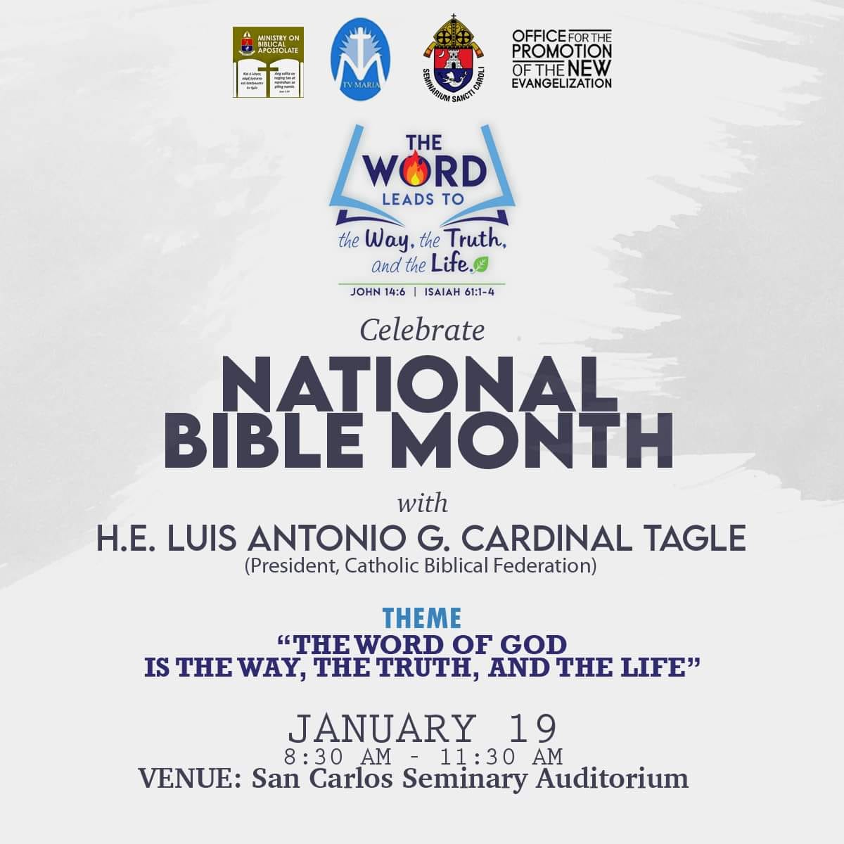 AcyManila's tweet photo. RCAM Ministry on Biblical Apostolate (MBA) and the Office for the Promotion of the New Evangelization (OPNE) invite you to a half-day conference with H.E. Luis Antonio G. Cardinal Tagle to celebrate National Bible Month.
Register now at this link: https://t.co/kyXDf0suPl https://t.co/JjcA90Y9yJ