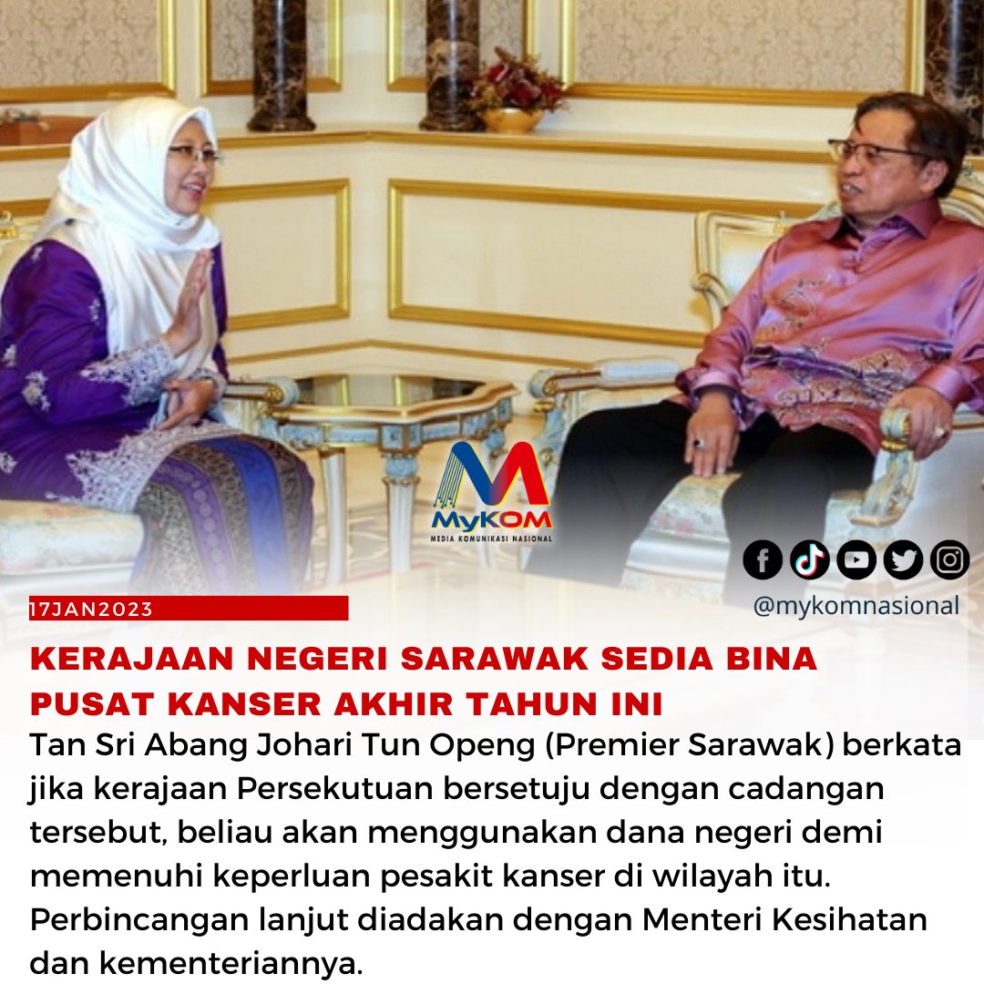 Kerajaan negeri Sarawak sedia bina pusat kanser menjelang akhir tahun ini - Premier Sarawak.

@Zaliha_DrZ @AbgJohariOpeng #sarawak