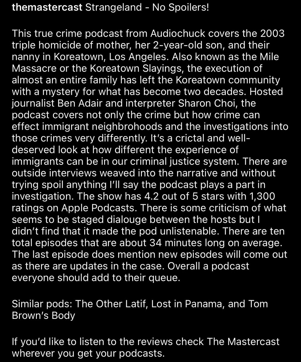 New podcast recommendation! No spoilers! Full review in the second photo. If you’d like to listen to this review instead, search for The Mastercast wherever you get podcasts. 

#truecrime #truecrimecommunity #truecrimepodcast #podcast #PodcastAndChill #podcastreview