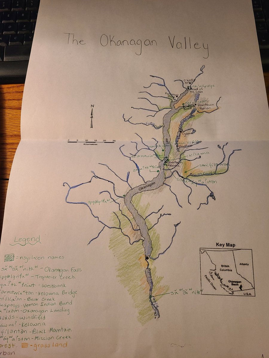 Although I feel culturally inadequate to teach this, I am getting my SS9 to learn nsyilxcen names of places in the Okanagan territory! We are learning how to pronounce properly too, using #firstvoices #sd22learns
