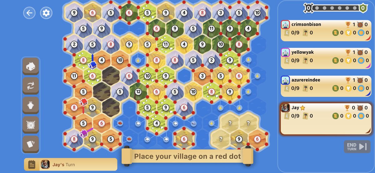 Where would you place your village and city? Legal placements are marked by red dots. #catan #landover
