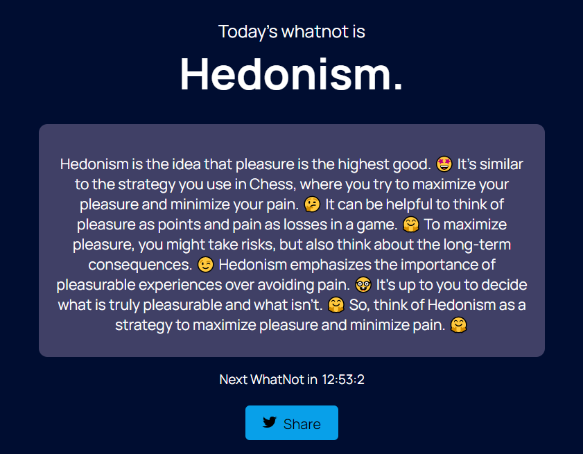 SuveenE's tweet photo. WTF is #Hedonism?
Go to https://t.co/w3SROW1Btn and get a 2-minute personalized lesson on it today!

#knowledge #dailywhatnot #Philosophy #education #learning @DailyWhatNott https://t.co/SXuAnv5QEt