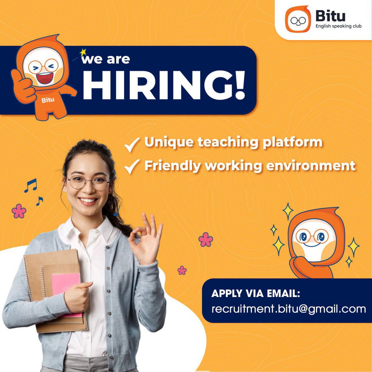 BITU-English Speaking App is currently hiring 02 teachers from the UK and Australia to teach full-time in the evening (Vietnam Time) online on the app. Details are as follows:
#onlineteacher #onlineteaching #remoteteaching  #remoteteacher #virtualteacher #onlineteacherrecruitment