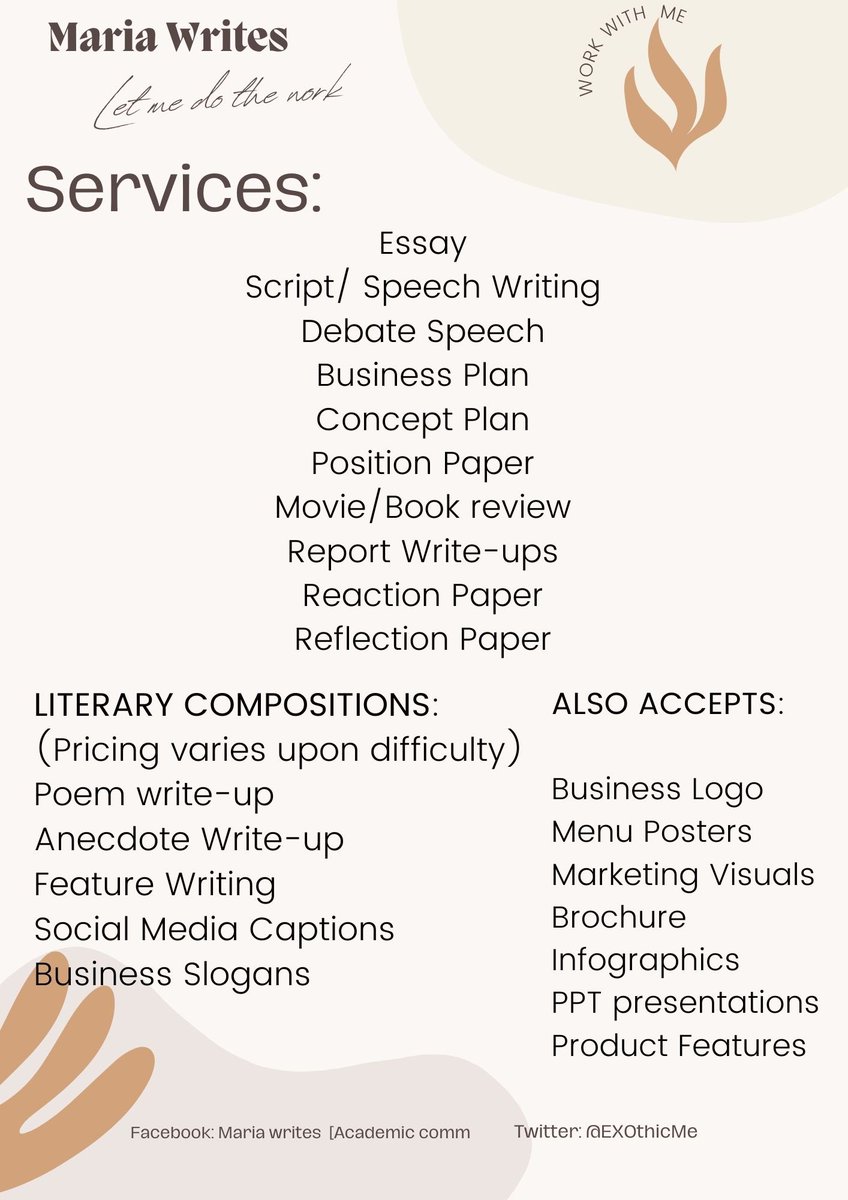 EXOthicMe's tweet photo. MARIA WRITES ACTIVE NOW!

heavy academic workload? I got you!😉

CHEAP/ AFFORDABLE ACADEMIC COMMISSIONS
PRICE STARTS AT 50 PESOS!

(New to twitter and public clients, but I used to work as a private tutor and ghost writer) 

DM if interested! 
#academiccommissions https://t.co/ihn6sii9oS