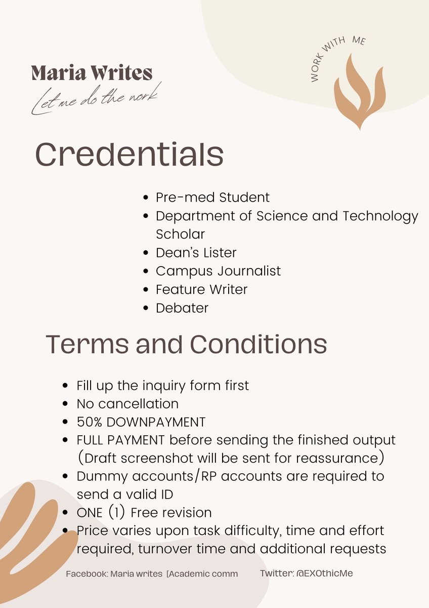 EXOthicMe's tweet photo. MARIA WRITES ACTIVE NOW!

heavy academic workload? I got you!😉

CHEAP/ AFFORDABLE ACADEMIC COMMISSIONS
PRICE STARTS AT 50 PESOS!

(New to twitter and public clients, but I used to work as a private tutor and ghost writer) 

DM if interested! 
#academiccommissions https://t.co/ihn6sii9oS
