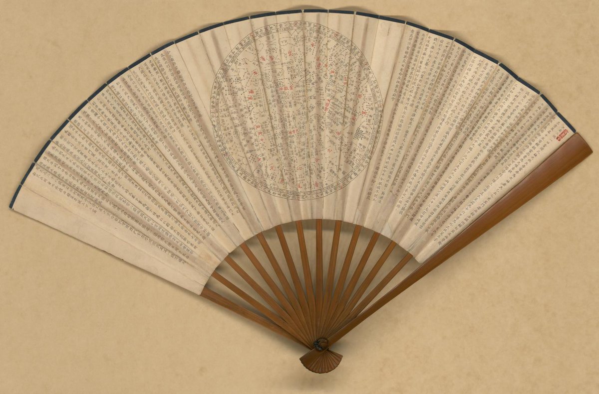 'The great Qing Dynasty's complete map of all under heaven' shown pictorially on a fan, c. 1890; shows the Chinese system of coordinates of the major stars in the astronomical chart; the shape of China is distorted so as to fit the fan @librarycongress loc.gov/item/gm7100501…