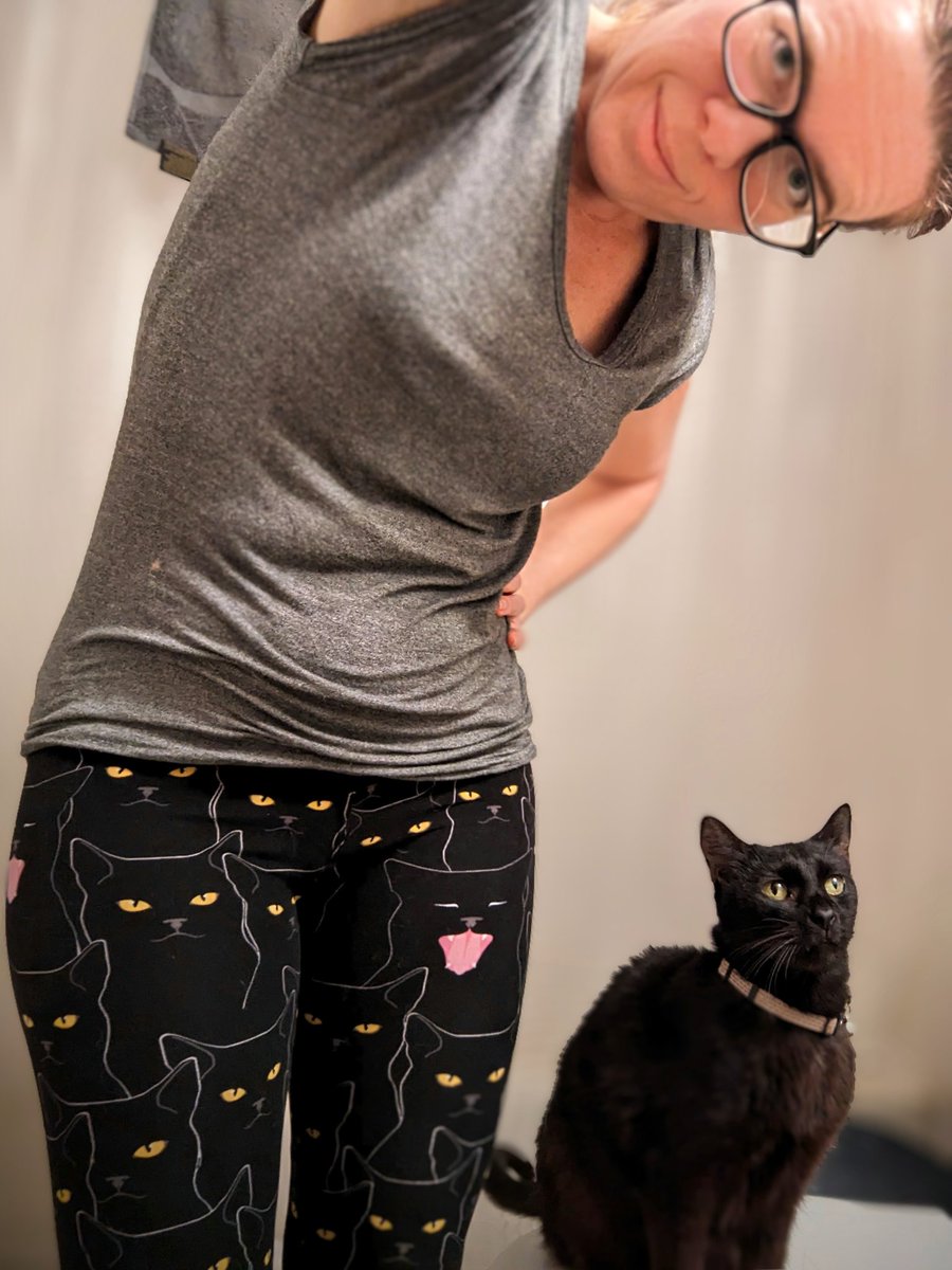 radhared's tweet photo. Beans is not amused by my leggings. 🙄🐈‍⬛💃💓🦝 "Ugh môthēr." https://t.co/EMDiy8qxGu