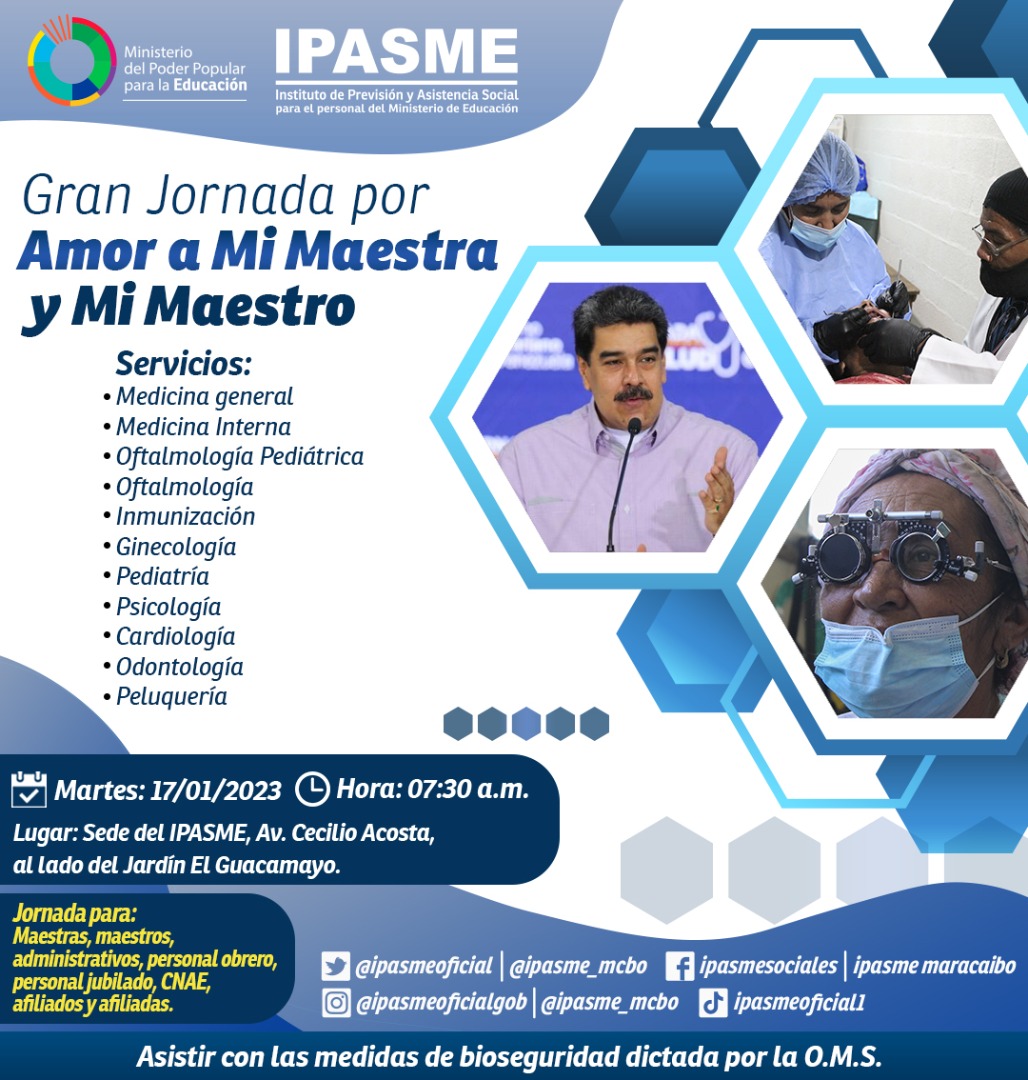 📣📣 @Ipasme_Mcbo junto a @ZonaEduZulia, @MPPSZulia, @ZuliaInces y demás te invitan a la Gran Jornada por Amor a Mi Maestra y Mi Maestro que se realizará este Martes #17Ene en la sede principal. 💓

¡Las y los esperamos!
#VenezuelaTerritorioDePaz