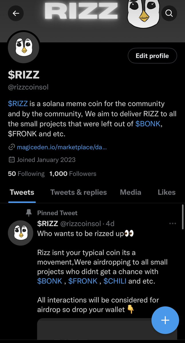 Lfg we’re 1000 followers and 0 marketing or promos nor bots

We have achieved a milestone❤️

We aim to deliver RIZZ to all the small projects so please tag the project that you think deserves an airdrop collab or hit our DM’s ❤️🤝